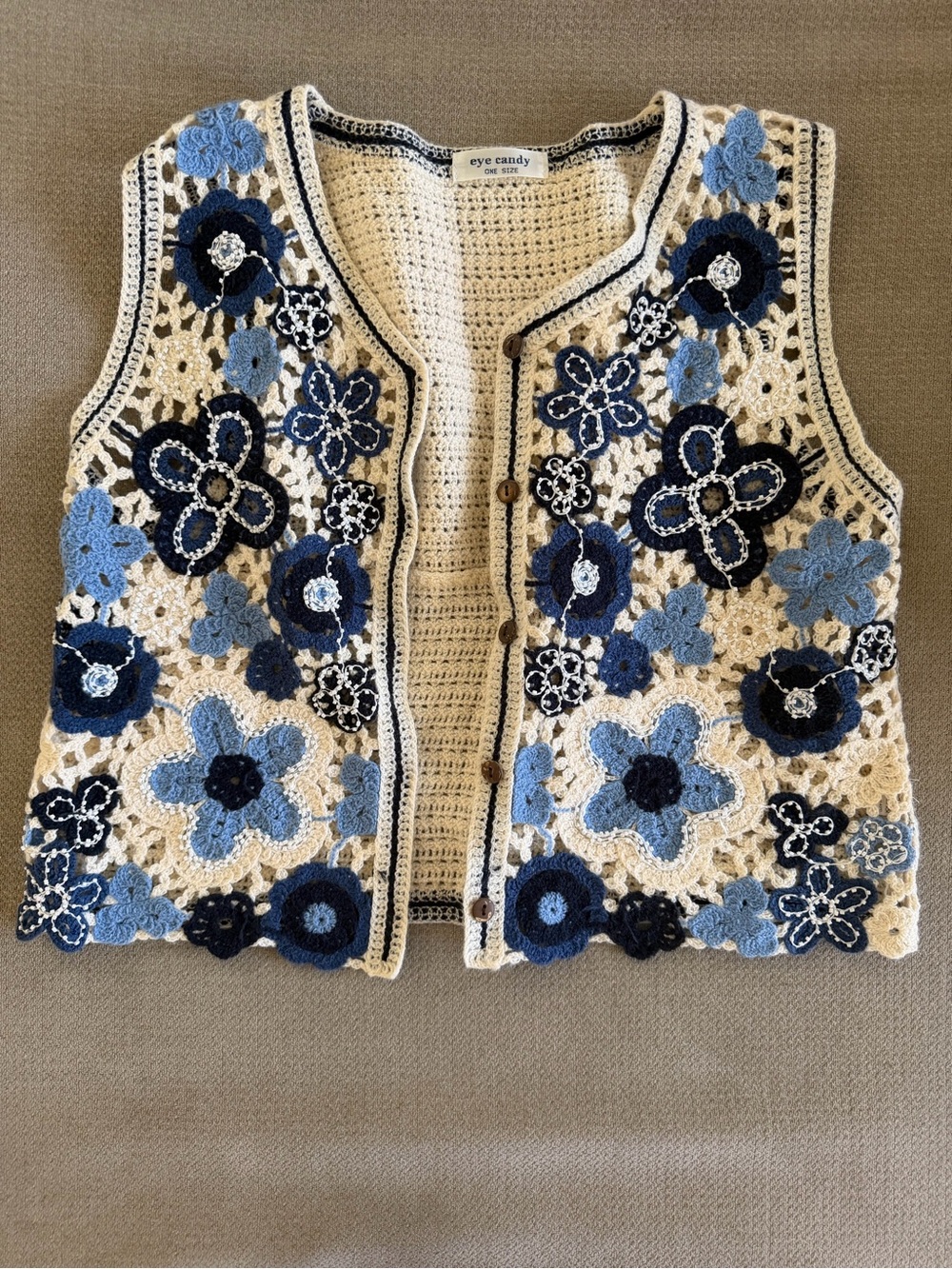 eye candy Cream Crochet Floral Button Vest with Blue Flowers